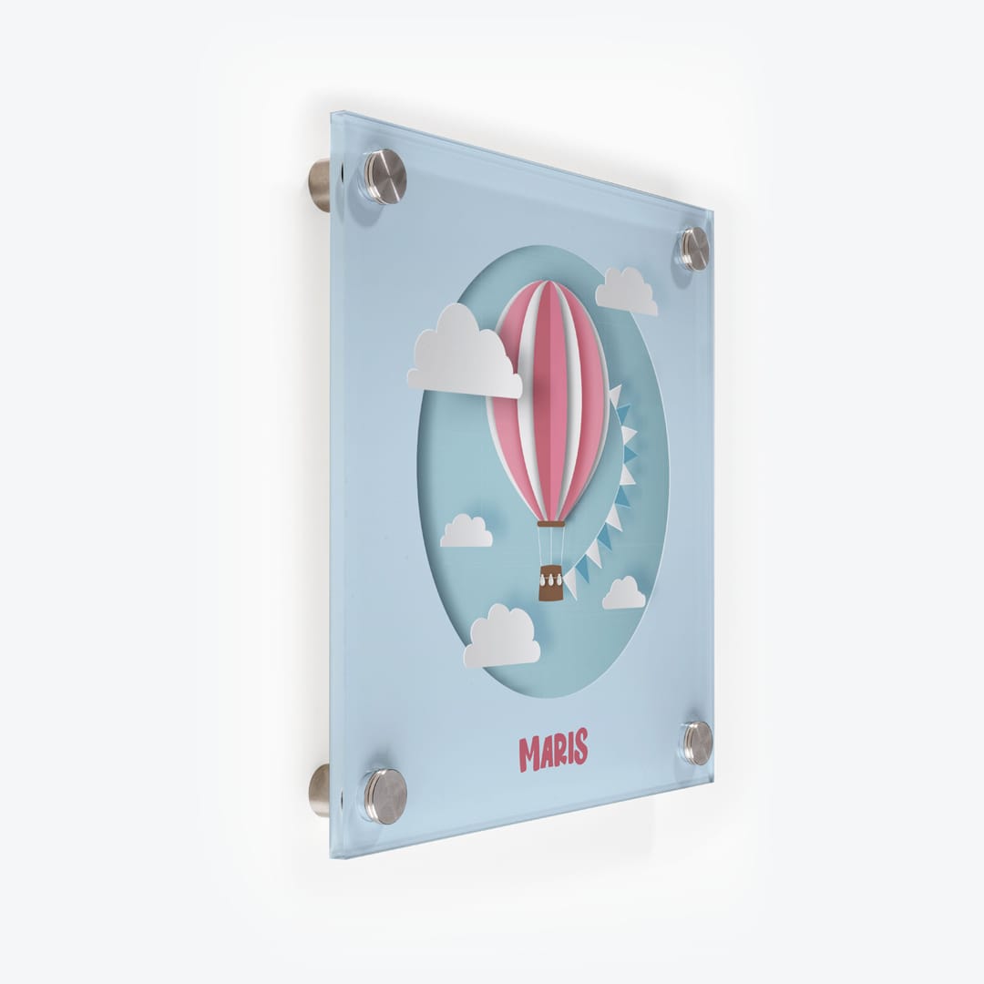 Türschild Kinderzimmer Heissluftballon hellblau-rosa als Acrylglas-Schild