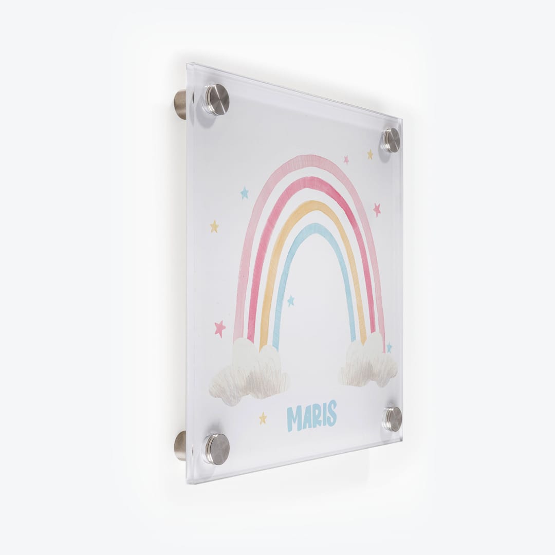 Türschild Kinderzimmer Regenbogen weiss-mit-Sternen als Acrylglas-Schild